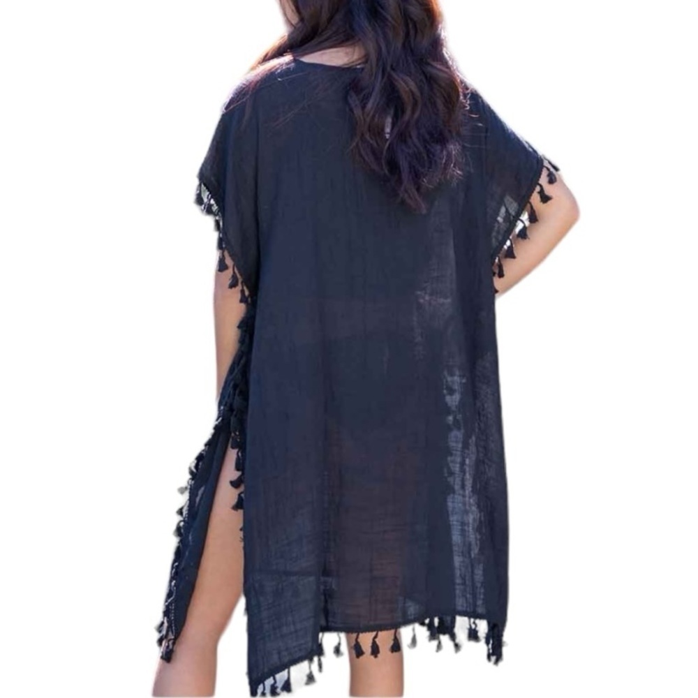 Bijoux Terner Black Swim Cover Poncho With Tassels One Size Fits All - Picture 2 of 7